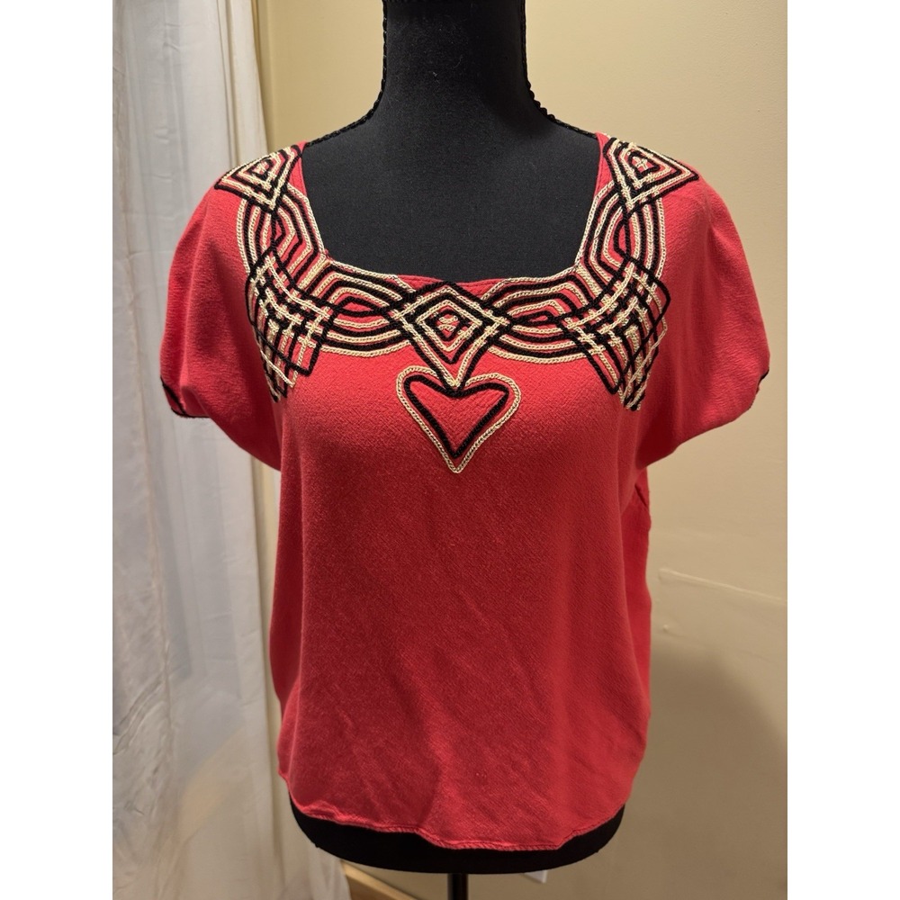 Women's Red Embroidered Square Neck Short Sleeve 100% Cotton Heart Unique